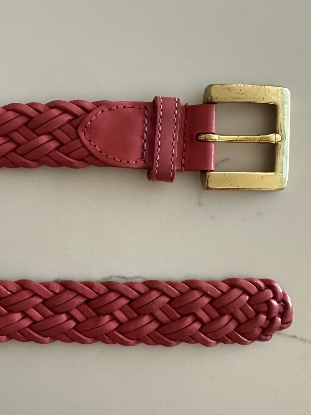 Vintage Talbots Braided Leather Belt Solid Brass Square Buckle Gloss Pink M